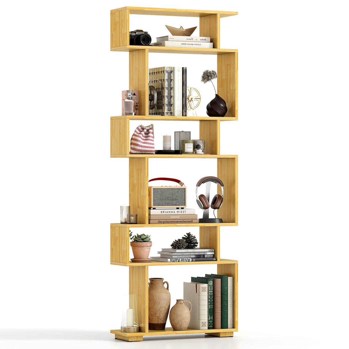 6-Tier Geometric Bookshelf with 2 Anti-Tipping Kits for Home Office-Wood