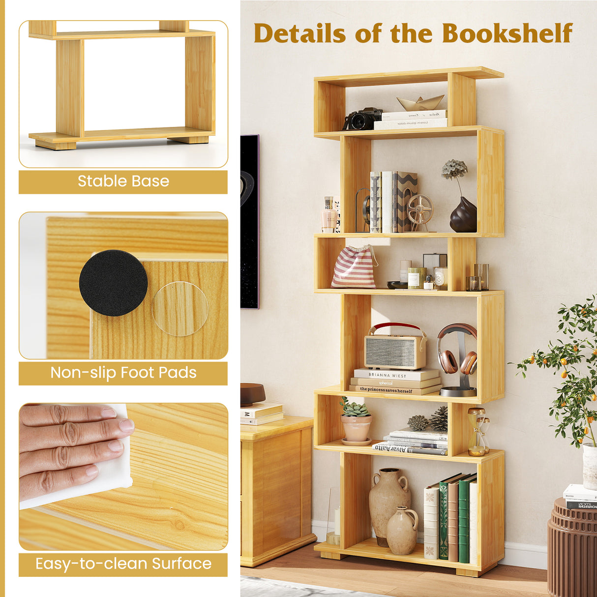 6-Tier Geometric Bookshelf with 2 Anti-Tipping Kits for Home Office-Wood