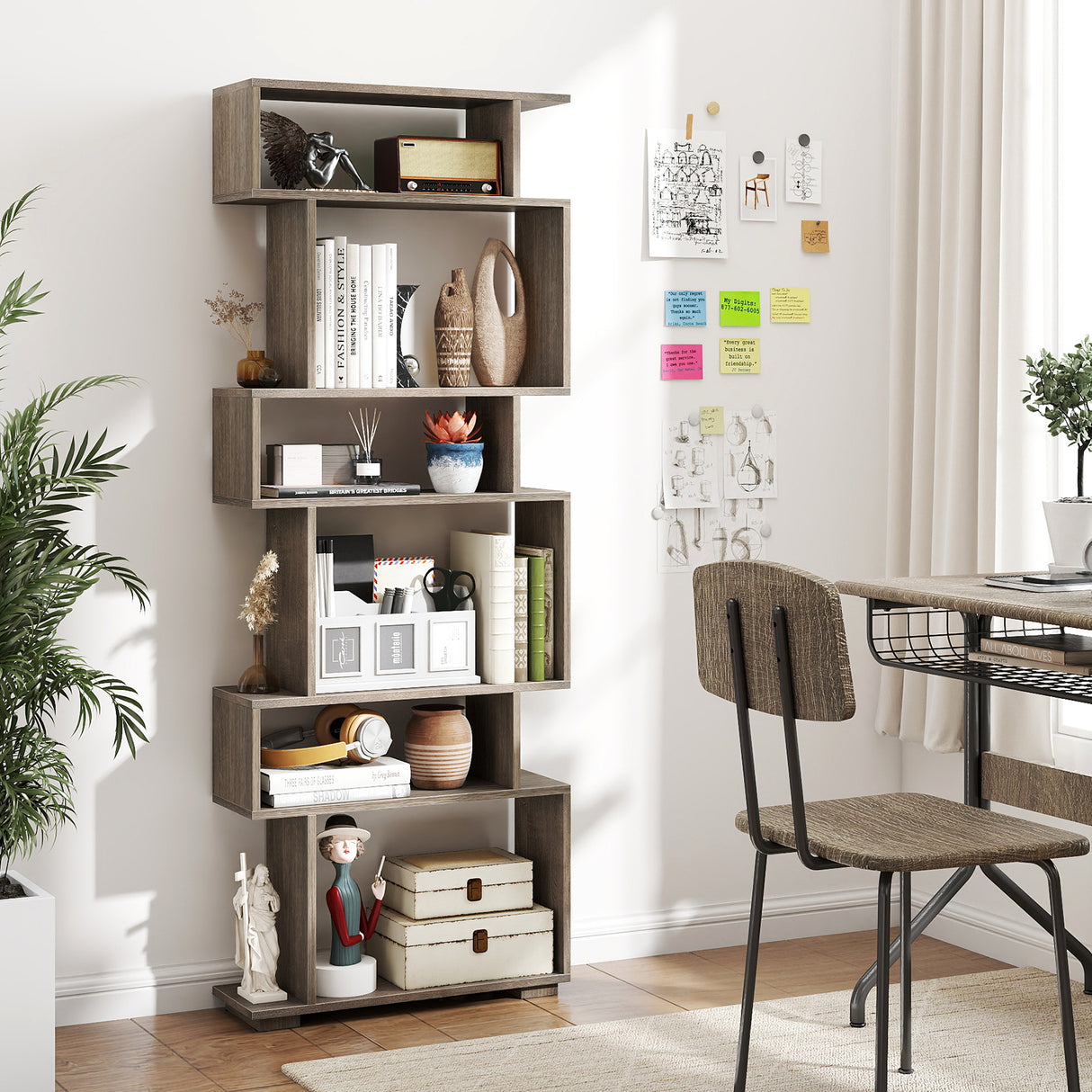 6-Tier Geometric Bookshelf with 2 Anti-Tipping Kits for Home Office-Oak