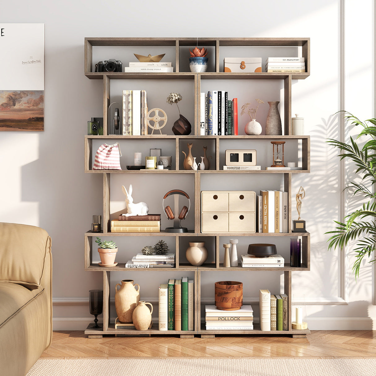 6-Tier Geometric Bookshelf with 2 Anti-Tipping Kits for Home Office-Oak