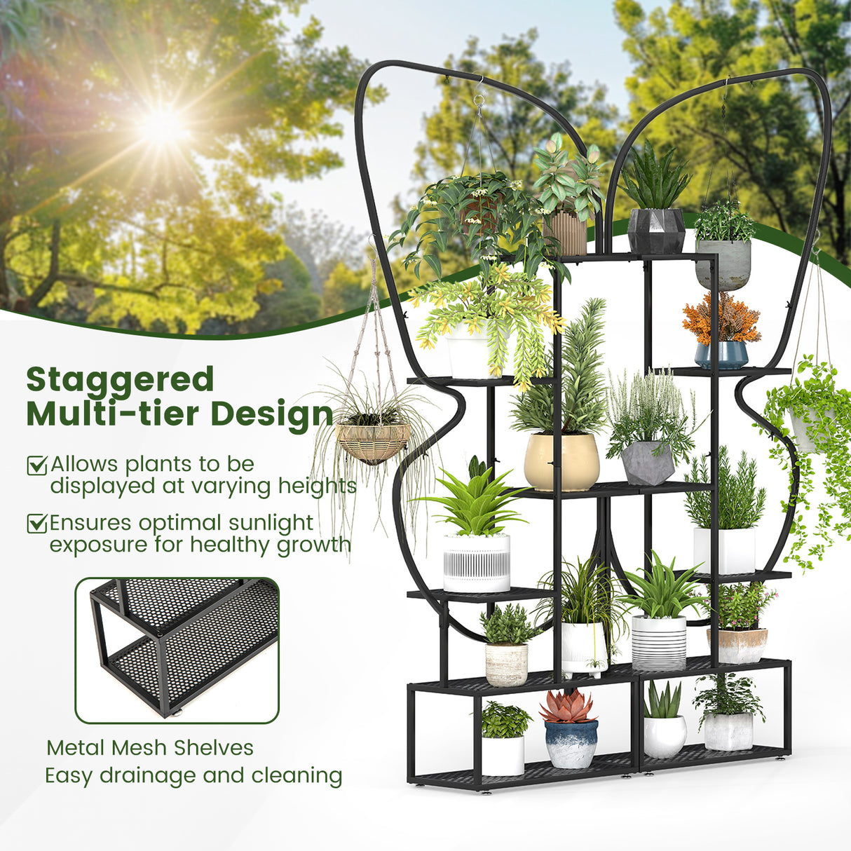 6-Tier Metal Plant Stand Ladder Display Rack with Hanging Hooks-Black