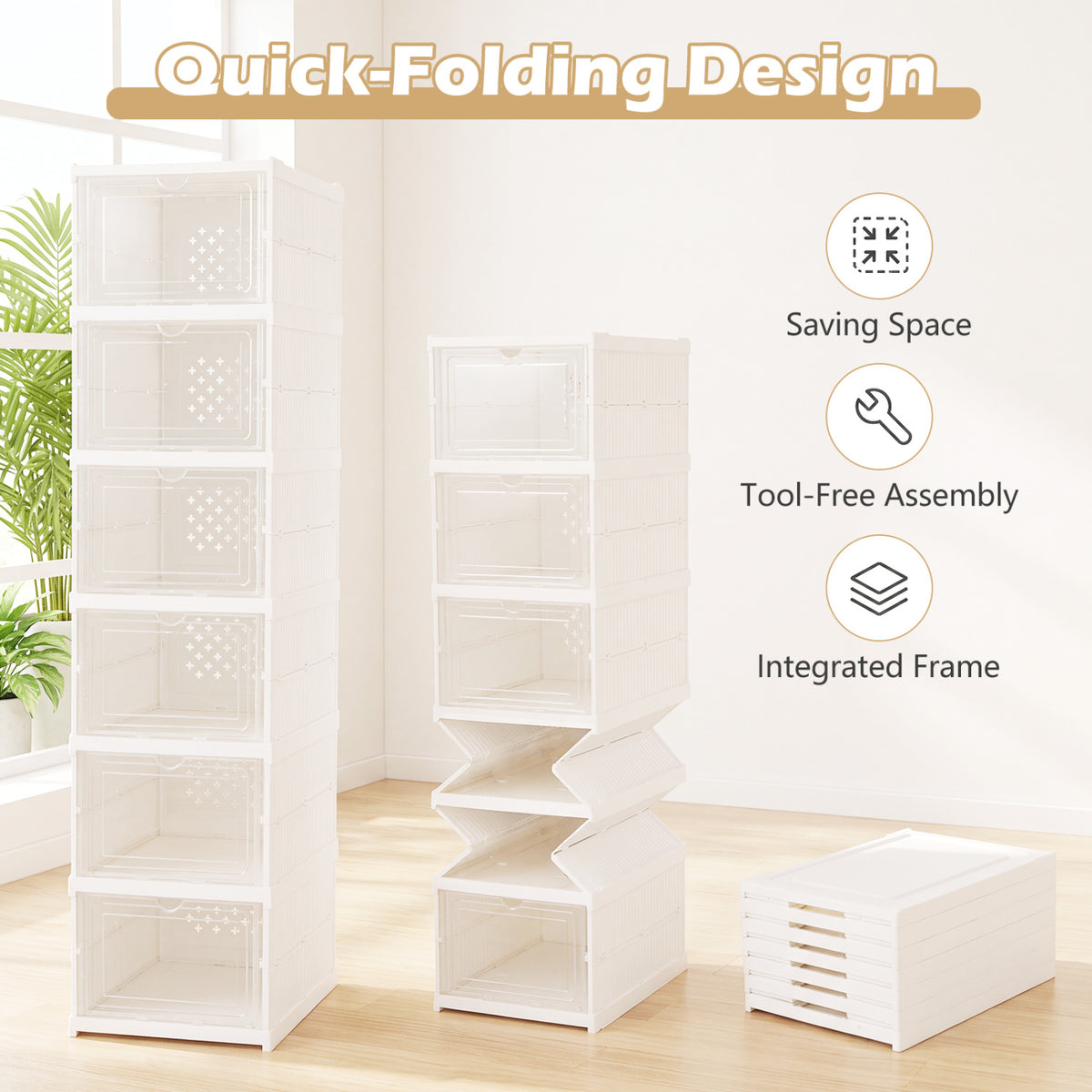 6-Tier Shoe Organizer Set of 2 with Clear Doors and Portable Design for 12 Pairs-White