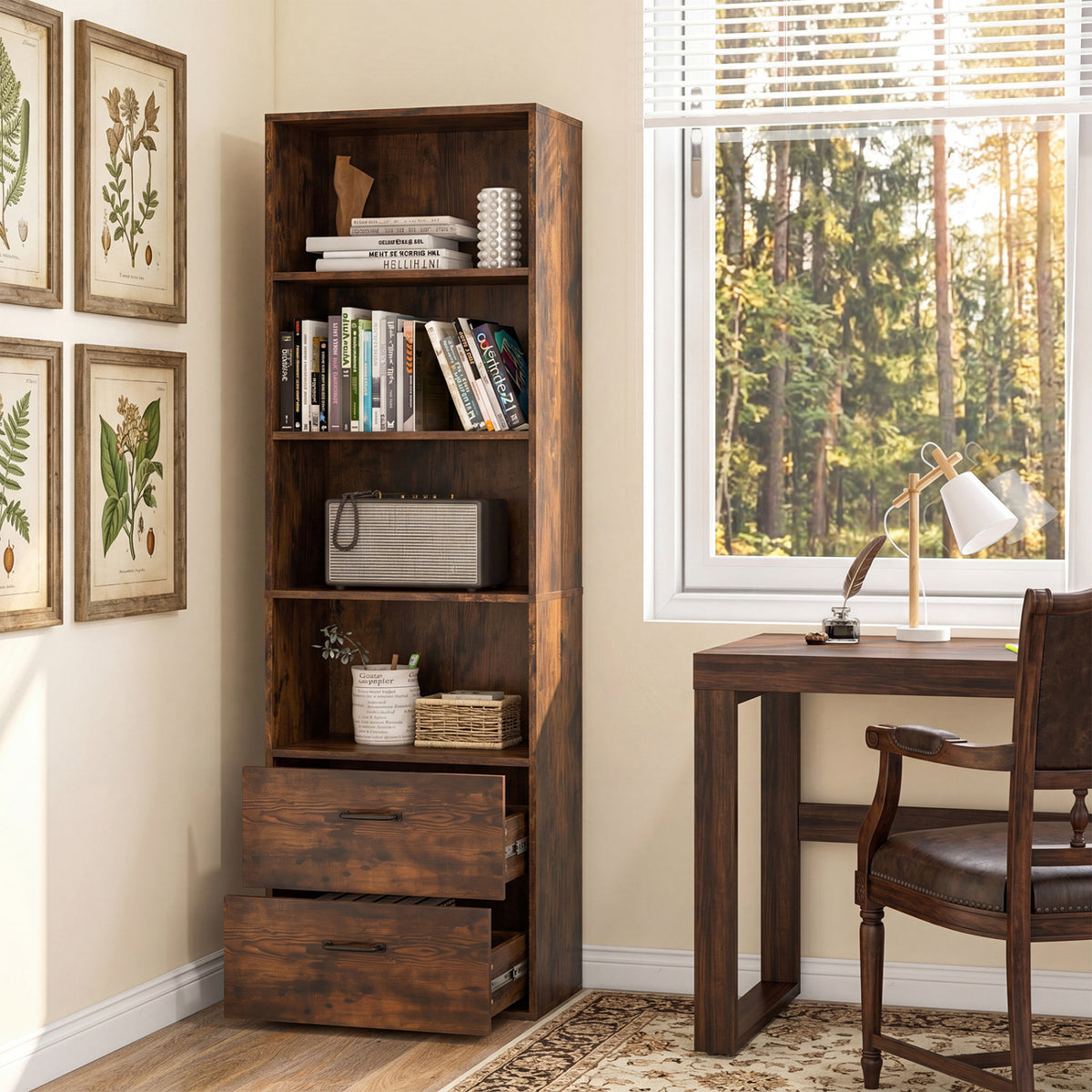 6-Tier Tall Freestanding Bookshelf with 4 Open Shelves and 2 Drawers-Rustic Brown
