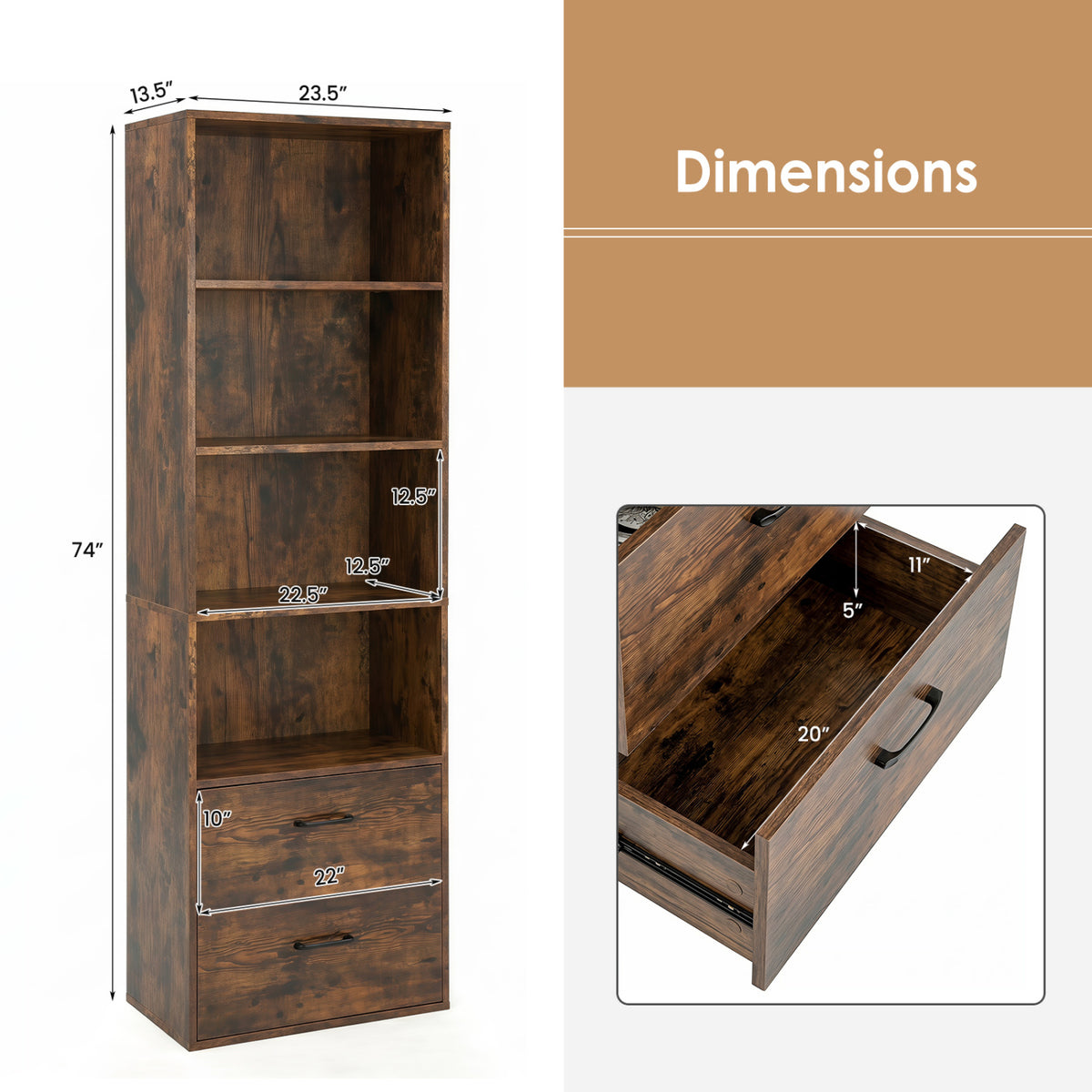 6-Tier Tall Freestanding Bookshelf with 4 Open Shelves and 2 Drawers-Rustic Brown