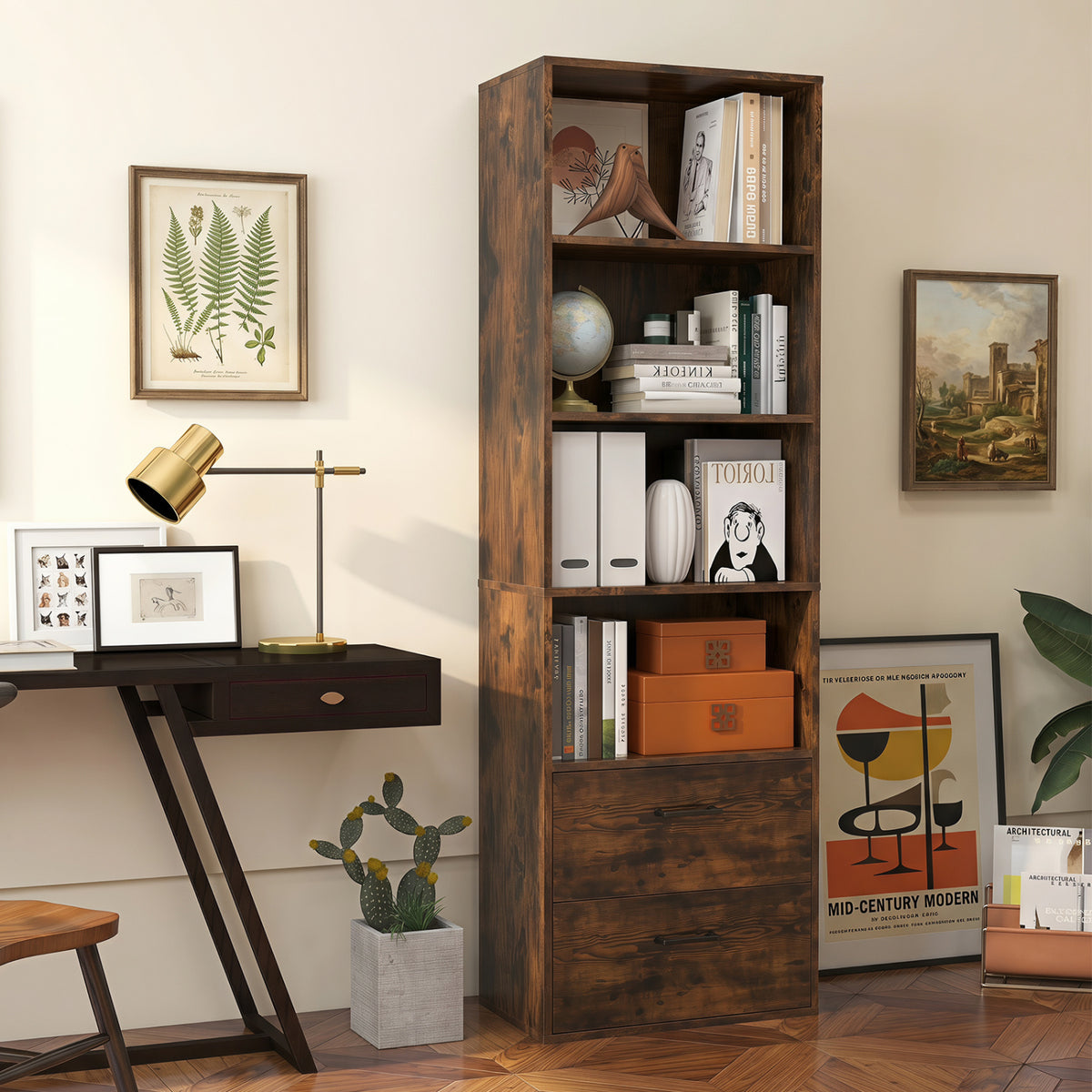 6-Tier Tall Freestanding Bookshelf with 4 Open Shelves and 2 Drawers-Rustic Brown