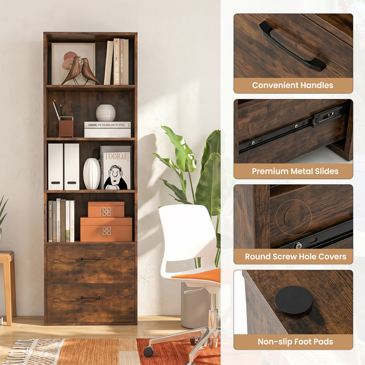 6-Tier Tall Freestanding Bookshelf with 4 Open Shelves and 2 Drawers-Rustic Brown