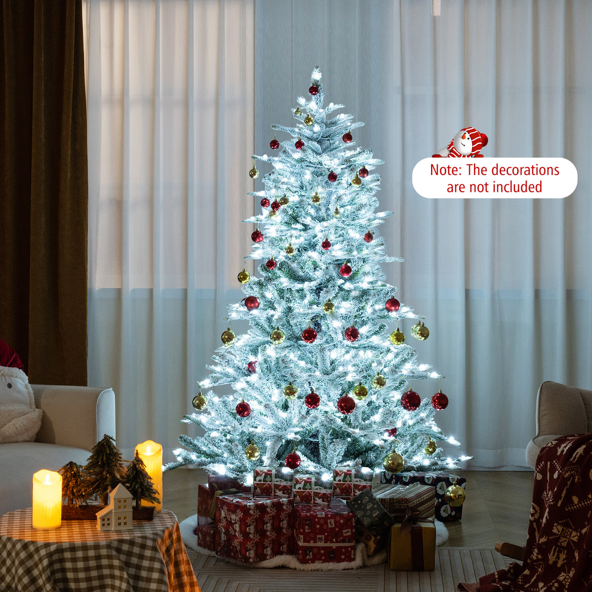 6 Feet Snow Flocked Artificial Christmas Tree with Cool White LED Lights
