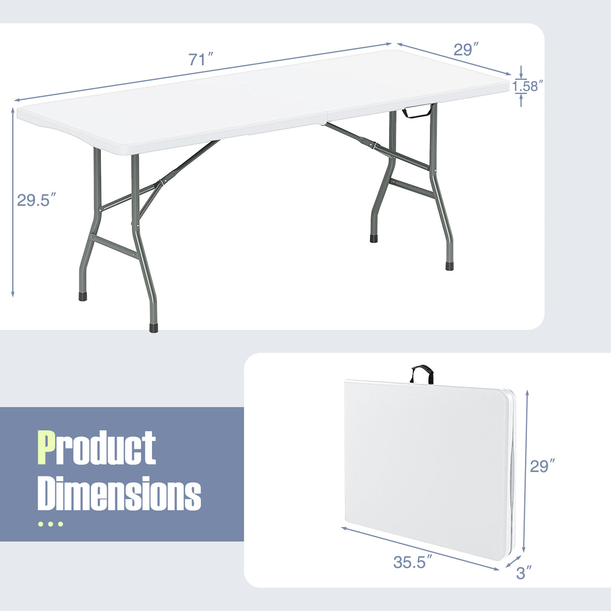 6 ft Portable Folding Table 350 LBS Fold-in-Half Table with HDPE Tabletop-White