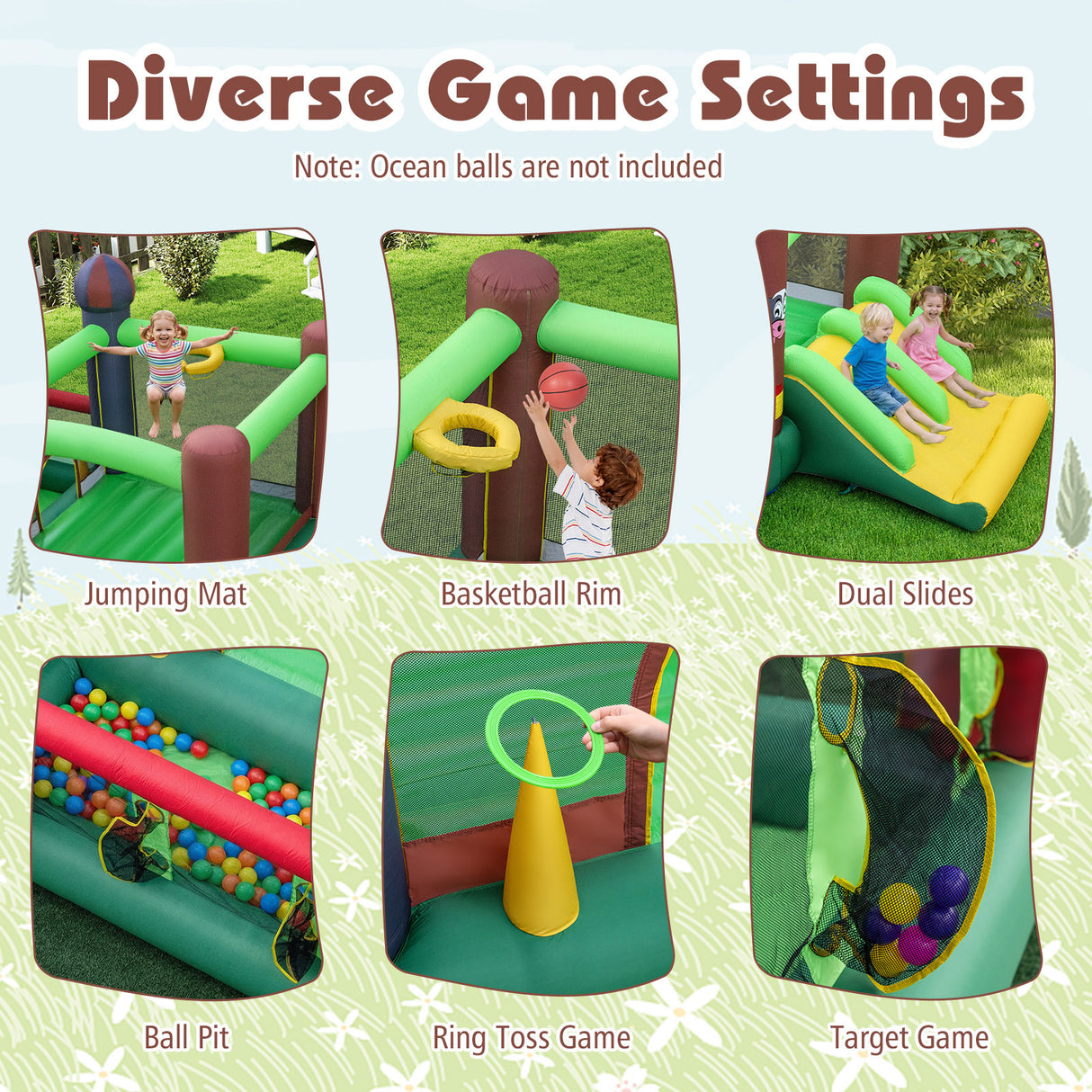 6-in-1 Inflatable Bounce House with Double Slides without Blower