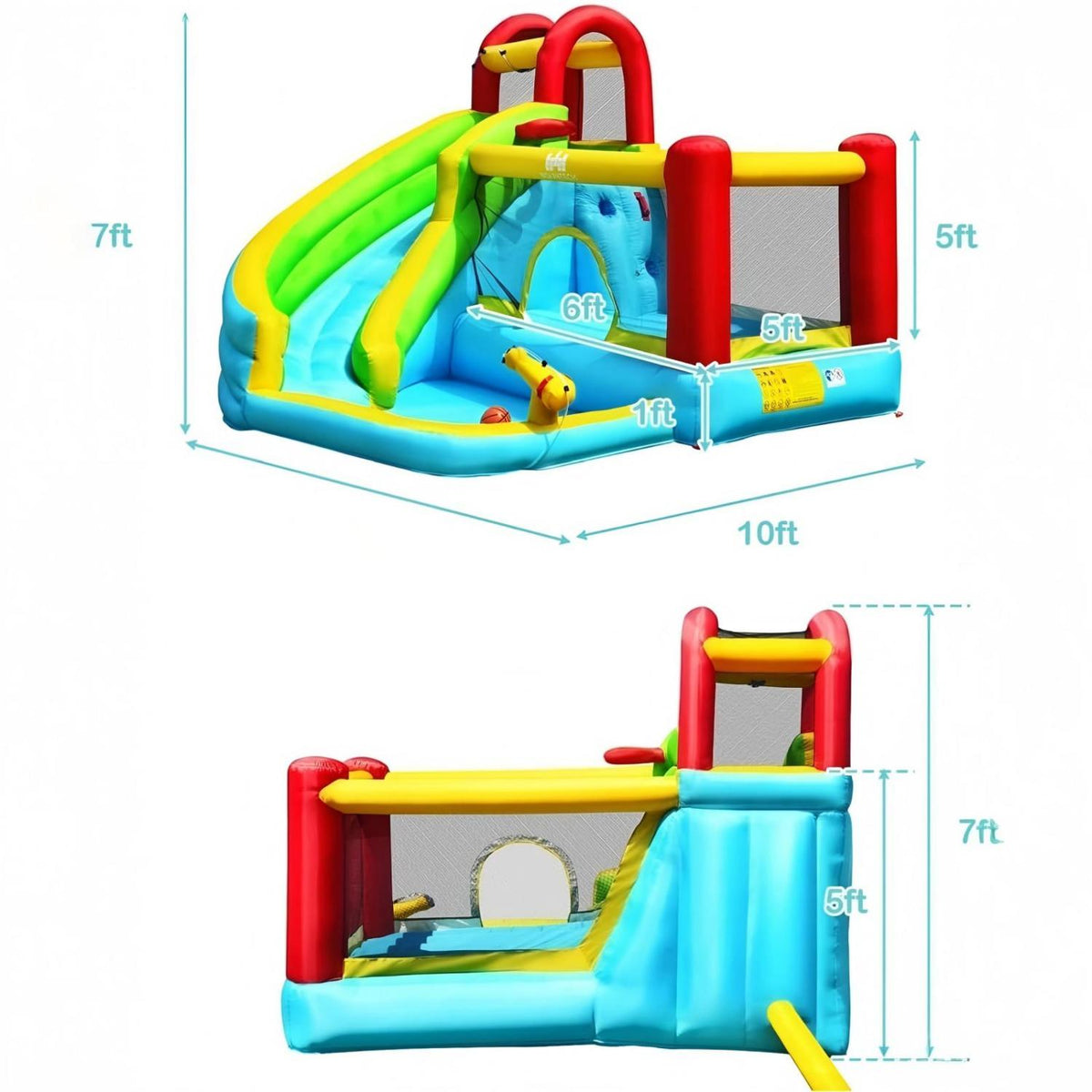 6-in-1 Inflatable Bounce House with Climbing Wall and Basketball Hoop with Blower