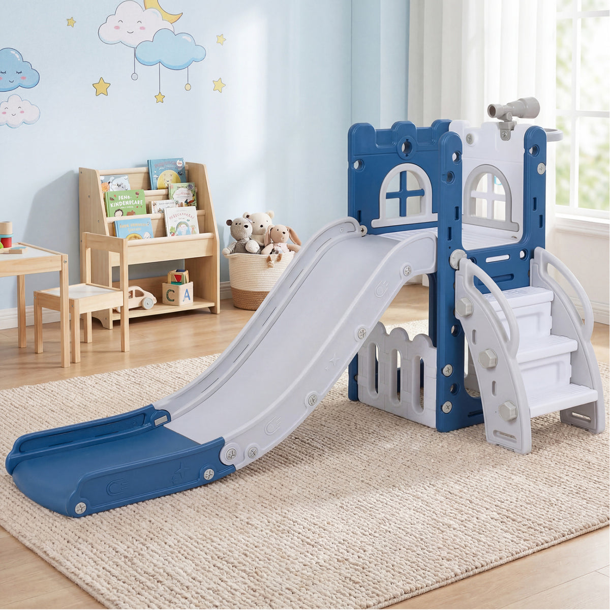 6-in-1 Toddler Slide L-shaped Playground with Basketball Hoop and Ladder-Blue