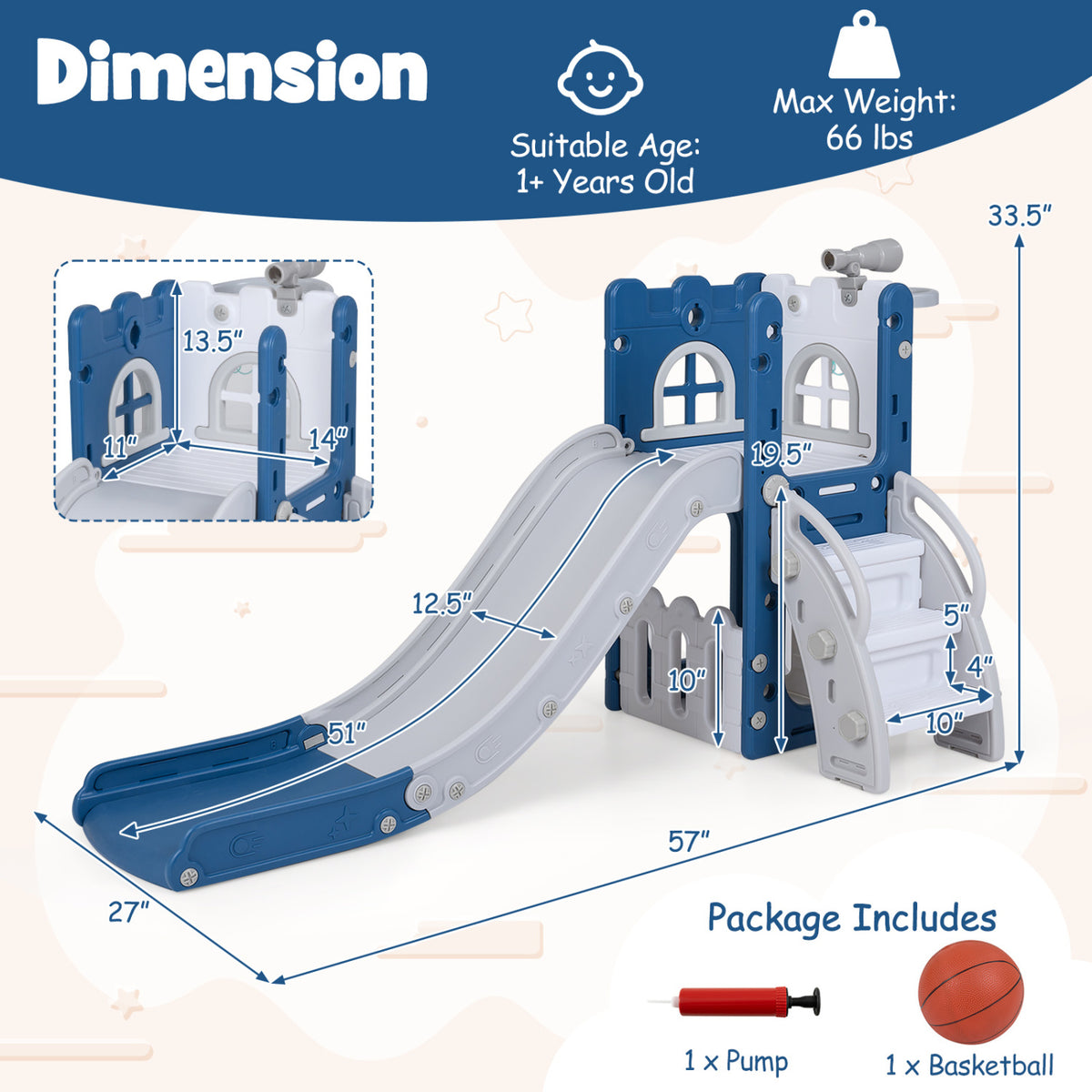 6-in-1 Toddler Slide L-shaped Playground with Basketball Hoop and Ladder-Blue