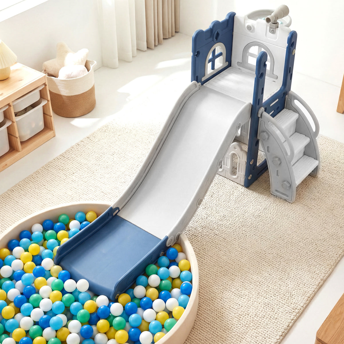 6-in-1 Toddler Slide L-shaped Playground with Basketball Hoop and Ladder-Blue