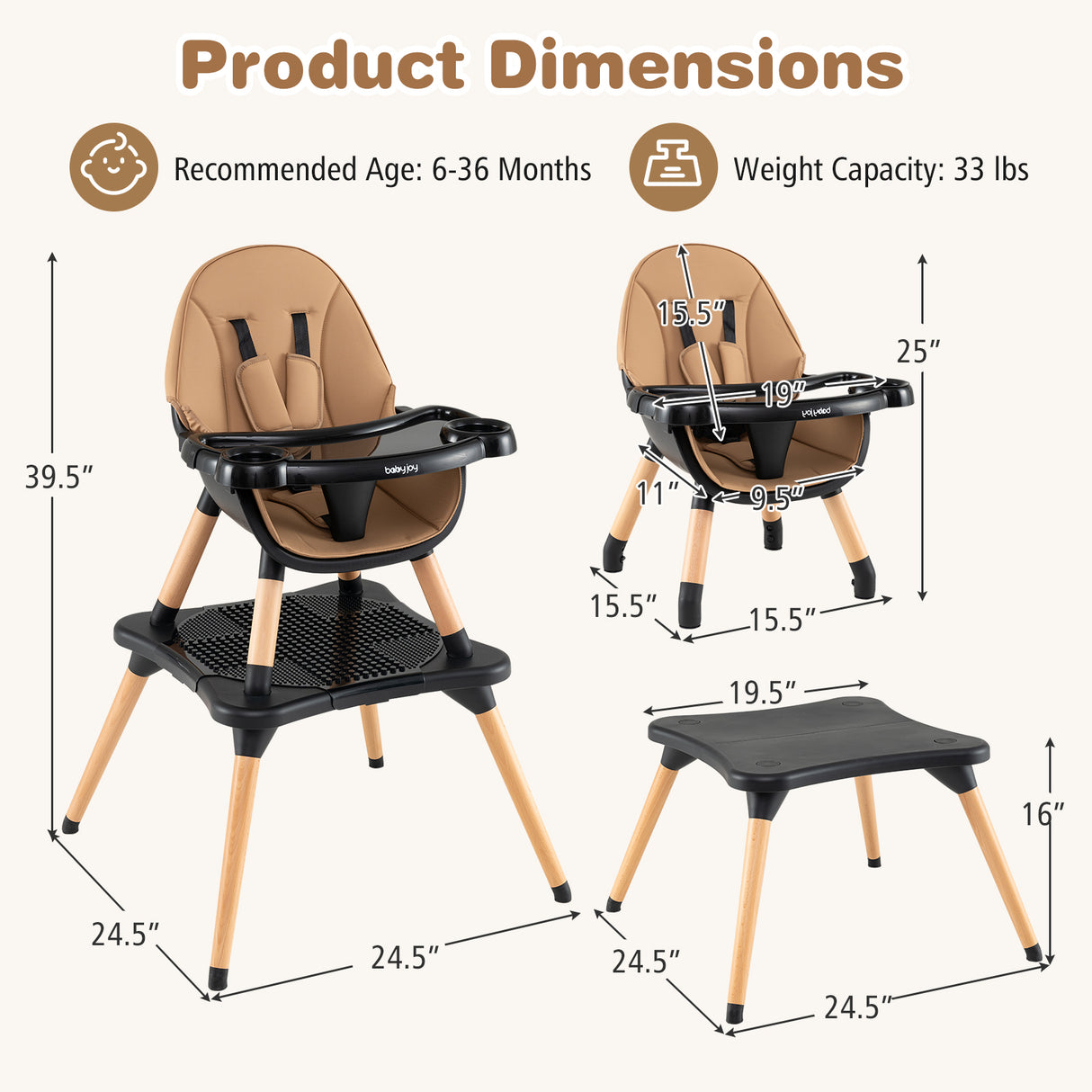 5-in-1 Baby Wooden Convertible High Chair -Gray