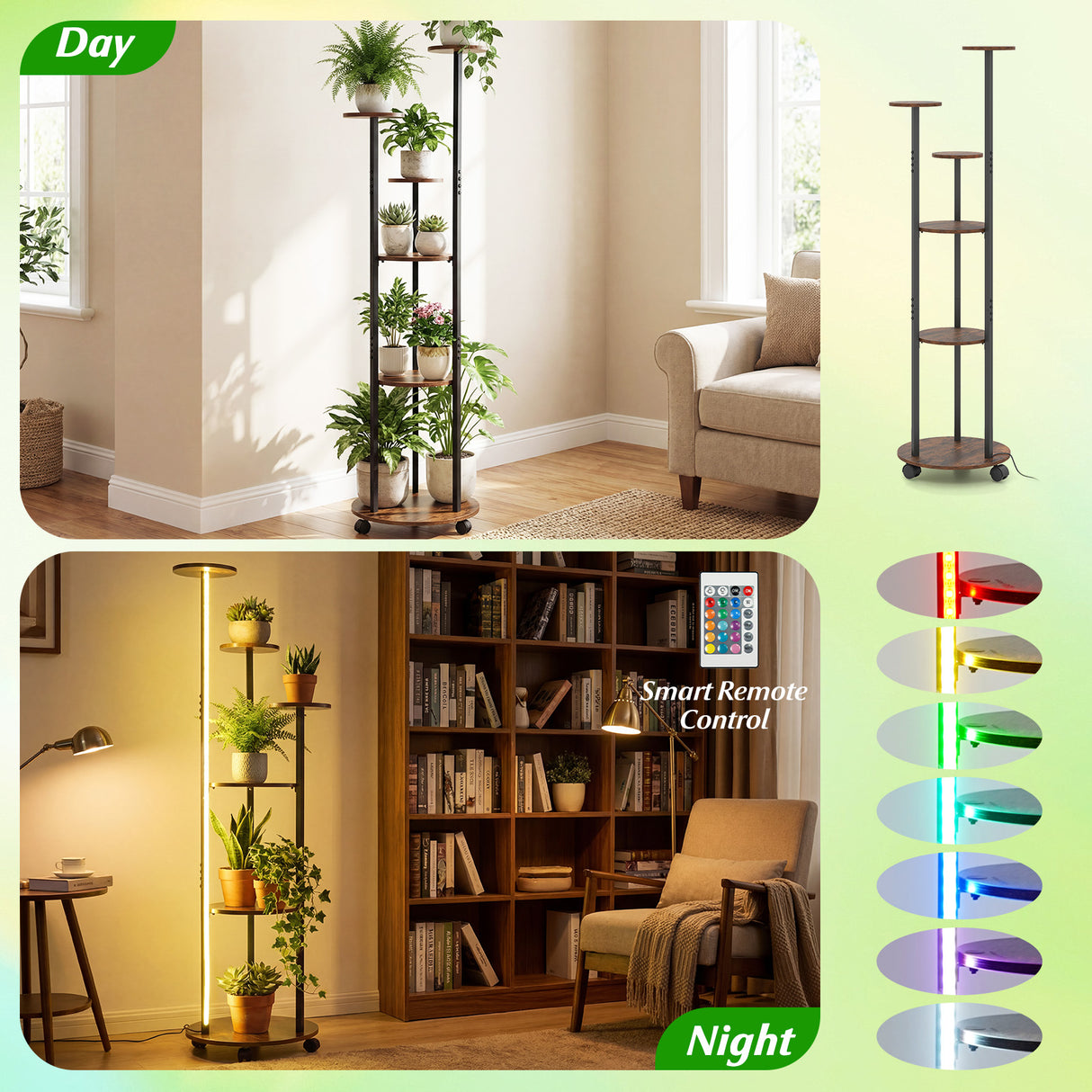6-tier Plant Stand with RGB Light and Wheels 57inch Tall Indoor Display Shelf Flowerpot Holder-Rustic Brown