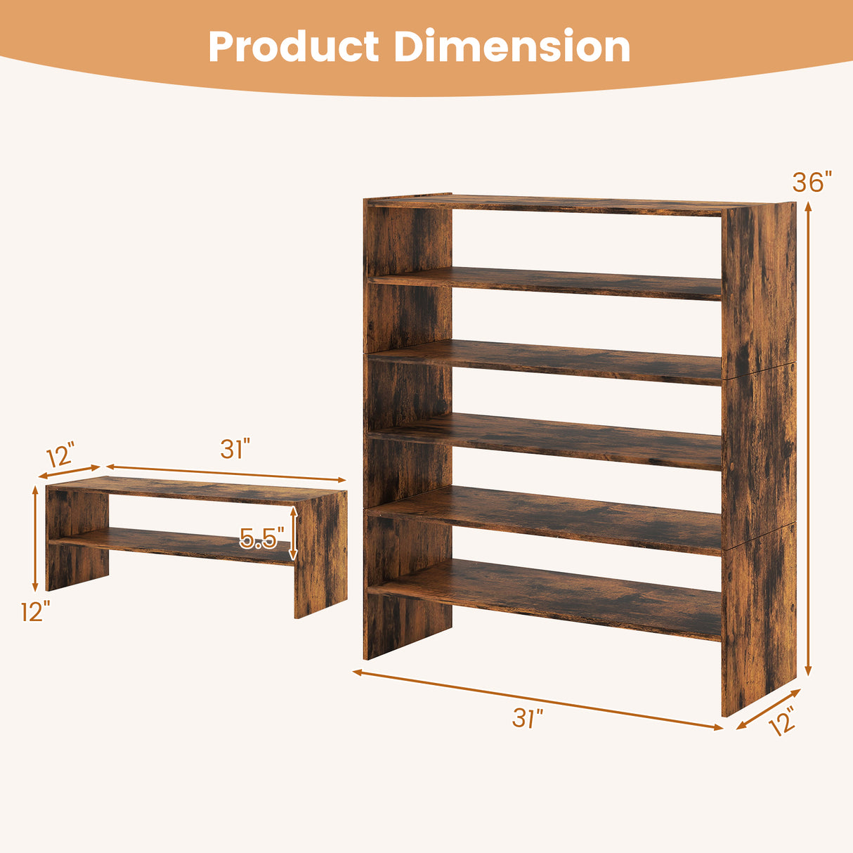 6-tier Shoe Rack with Anti-tipping Device for Entryway-Rustic Brown