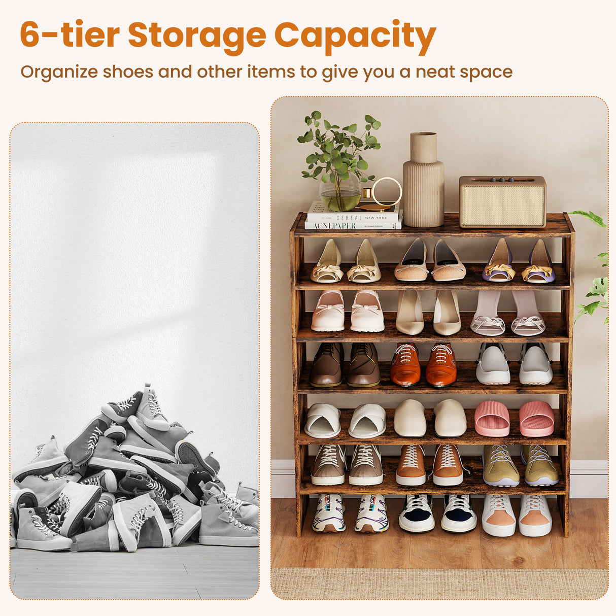 6-tier Shoe Rack with Anti-tipping Device for Entryway-Rustic Brown