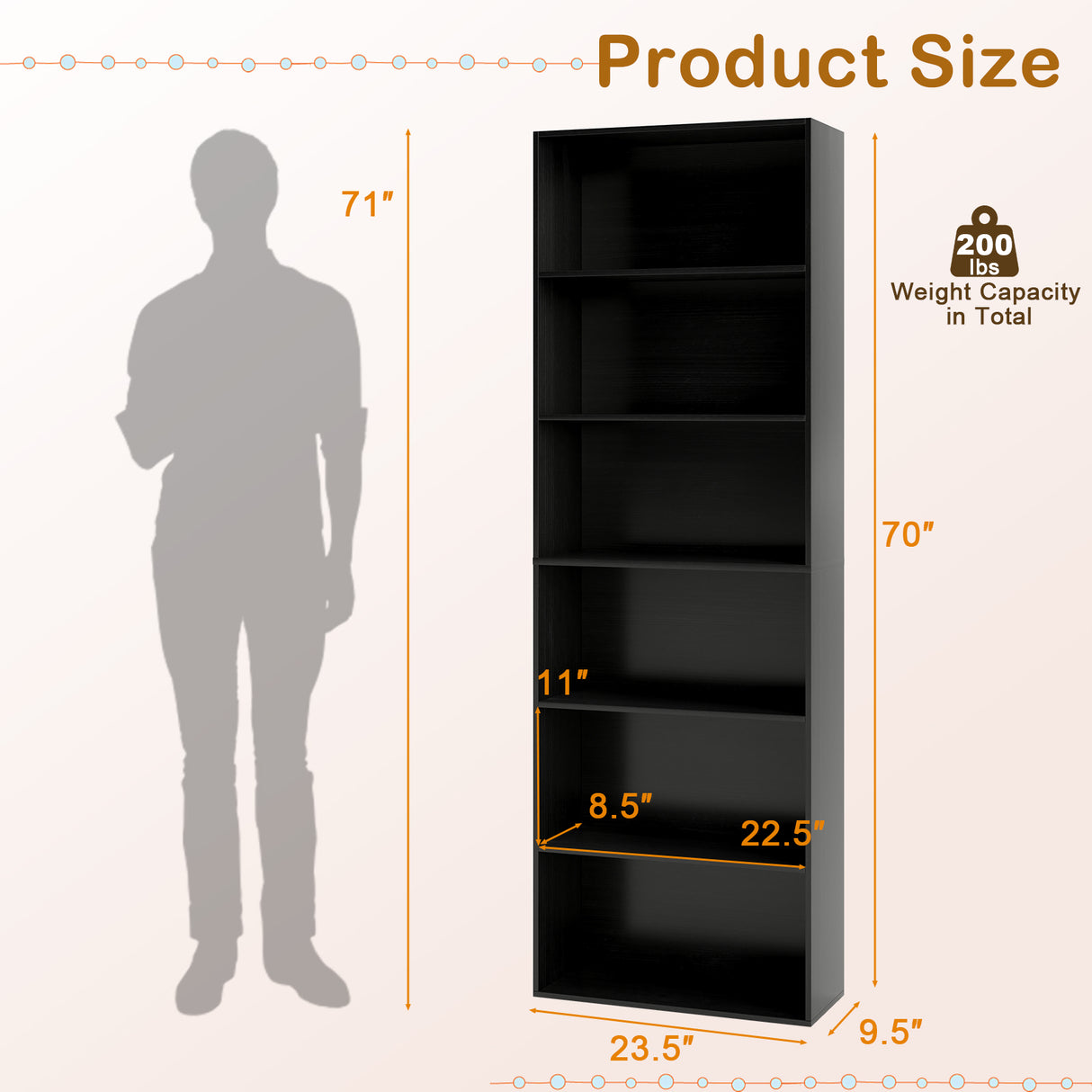 6-Tier Bookcase with 6 Open Shelves and Anti-Toppling Kits-Black