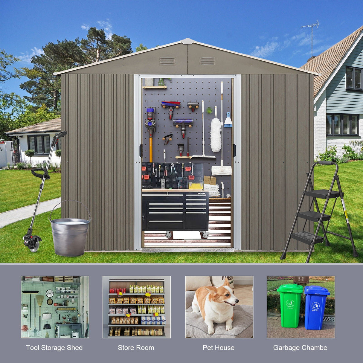 An 8X10Ft Outdoor Metal Storage Shed - Gray with tools neatly organized on a pegboard, alongside labeled images: "Tool Storage Shed," "Store Room" with stacked boxes, "Pet House" with a dog, and "Garbage Chamber" showing green and blue bins.