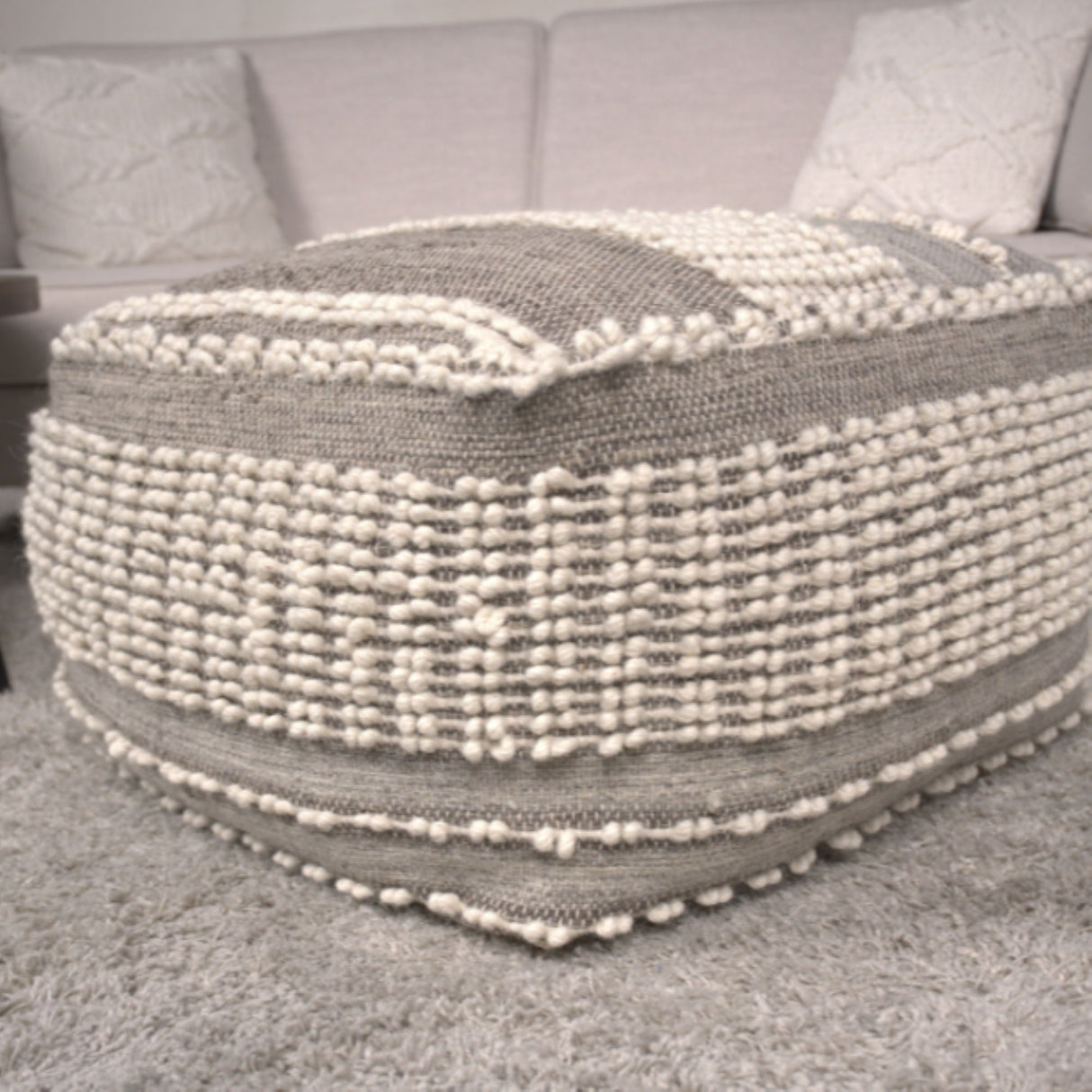 Rustic Wool And Cotton Large Pouf, Handcrafted Tufted Design - Brown / Beige by Couch.com