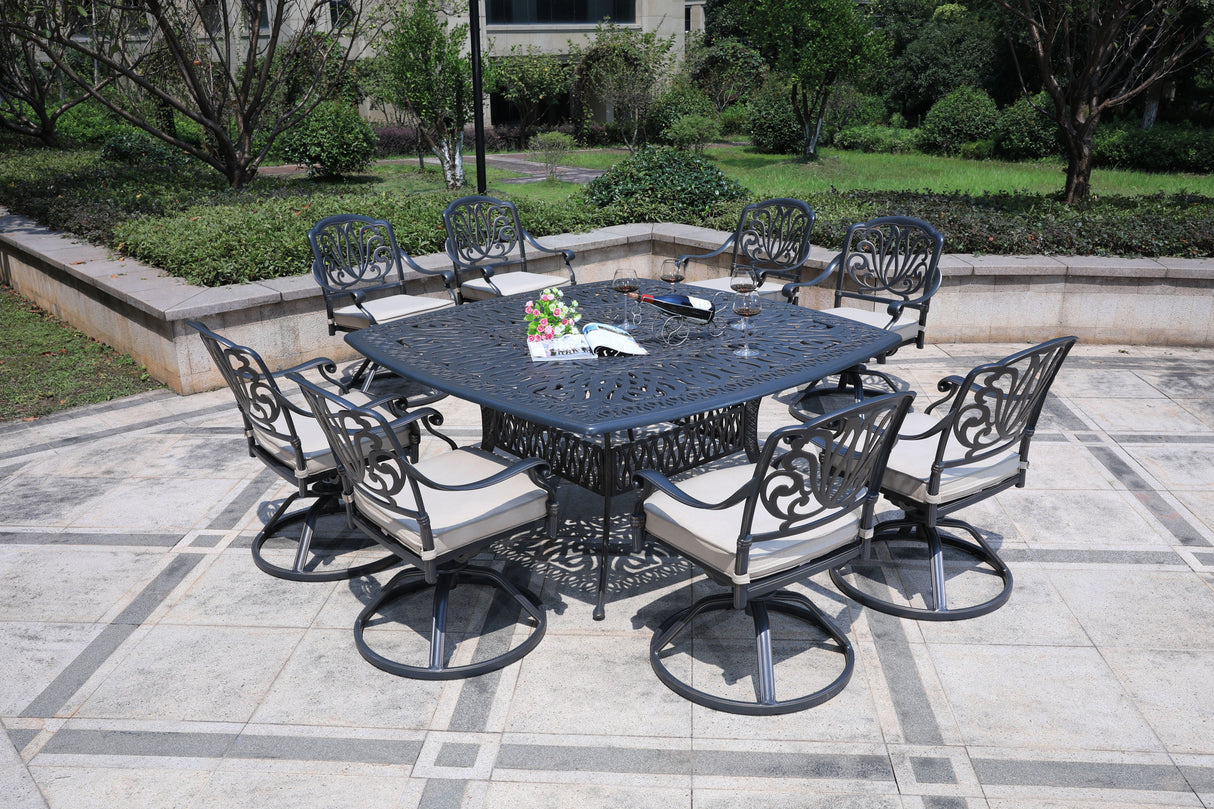 Square 8 Person 64" Long Aluminum Dining Set With Cushions by Couch.com