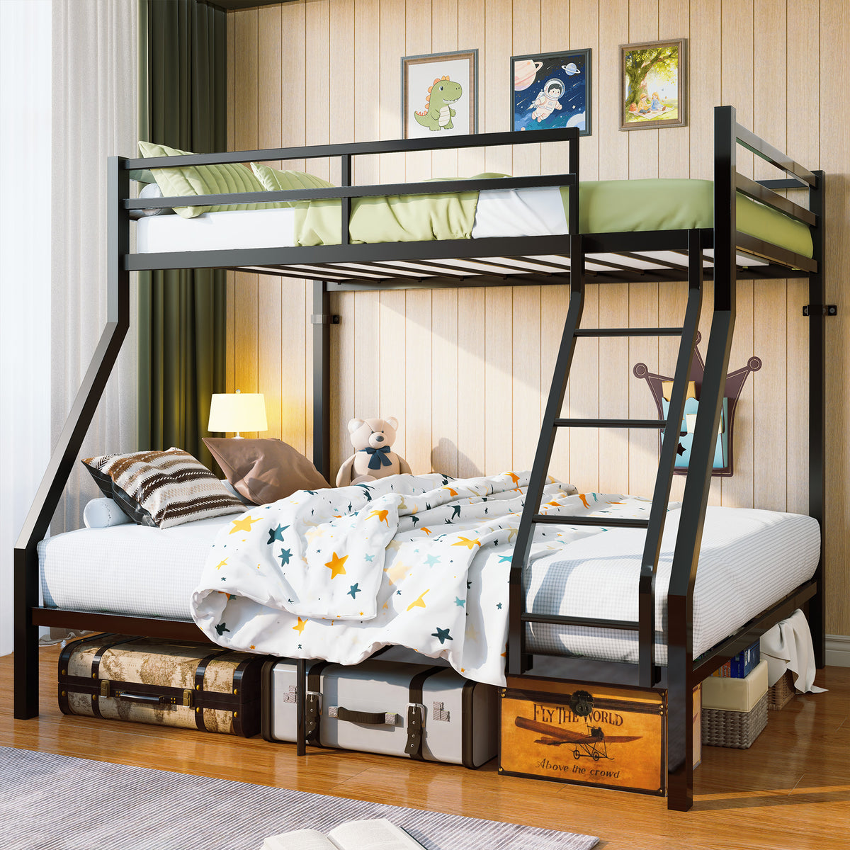 Twin Over Full Bunk Bed with Metal Slat Support, Built-In Angled Ladder, Upper Guardrails and Underbed Storage Space, Reinforced Metal Frame for Shared Bedrooms and Guest Rooms, Black