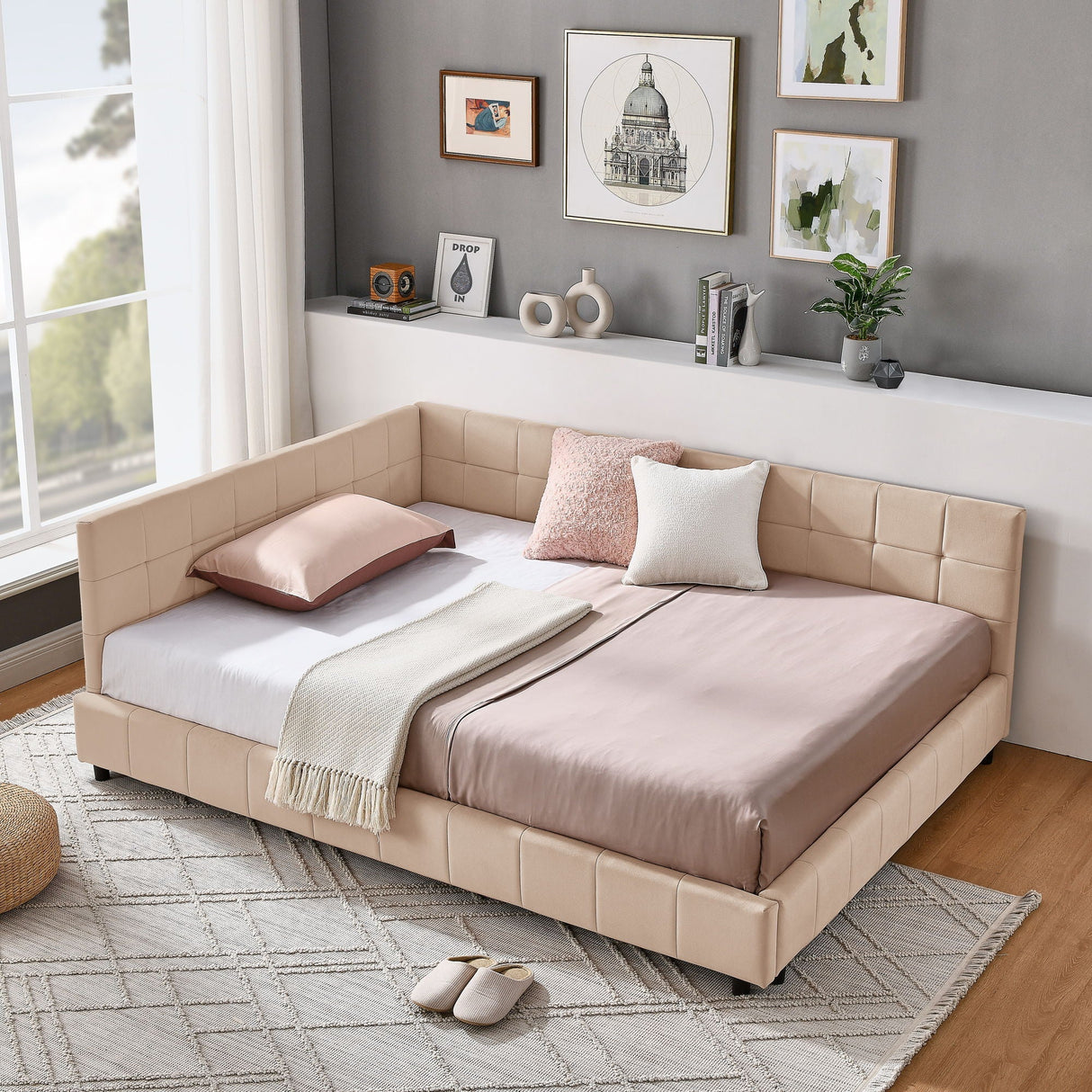 Mid-Century Storage Upholstered Tufted Bed Frame with Backrest and Armrests