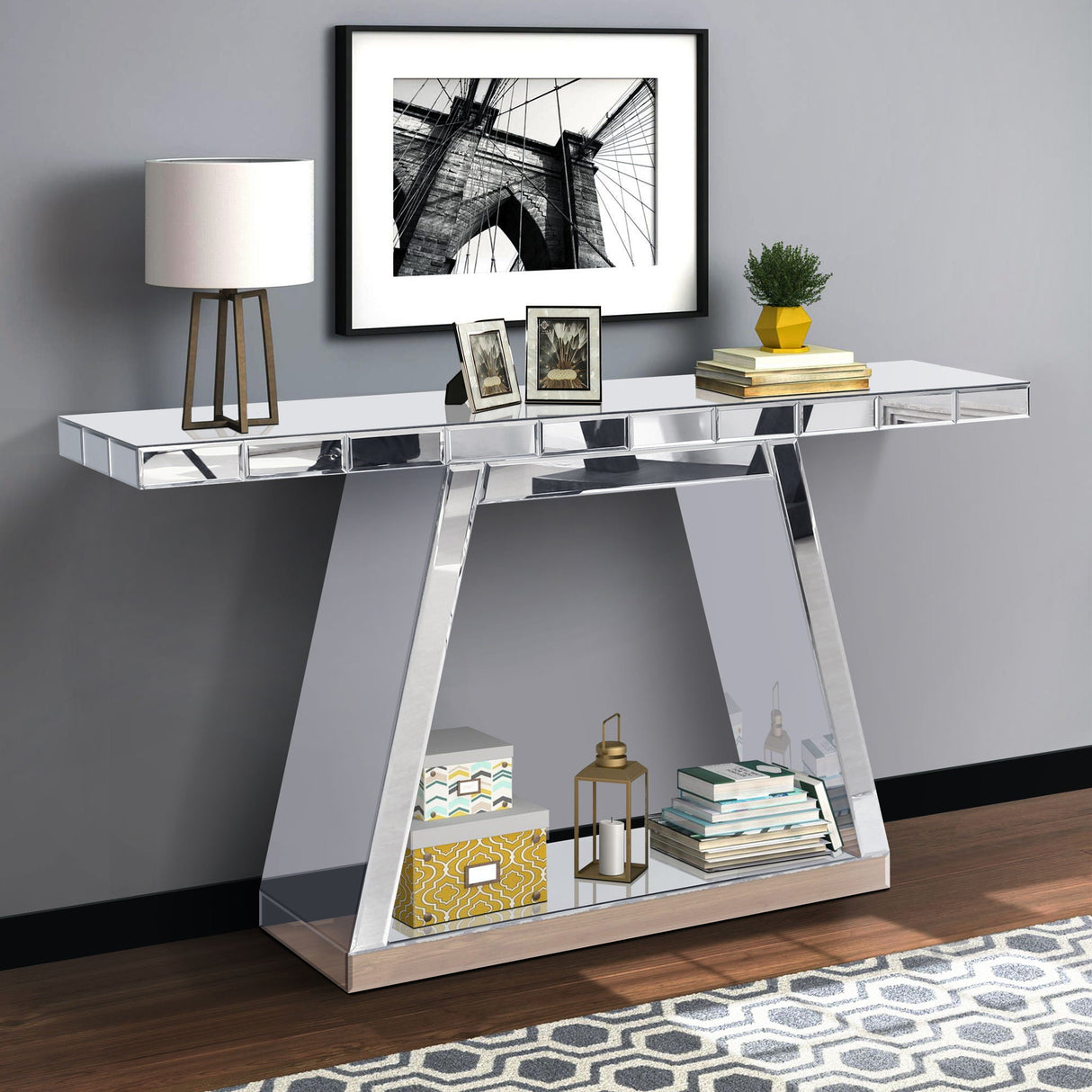 Modern Luxe Full Body Mirror Entryway Table With Trapezoid Base, 360° Reflective Console, Scratch Resistant, Open Storage - Silver by Couch.com