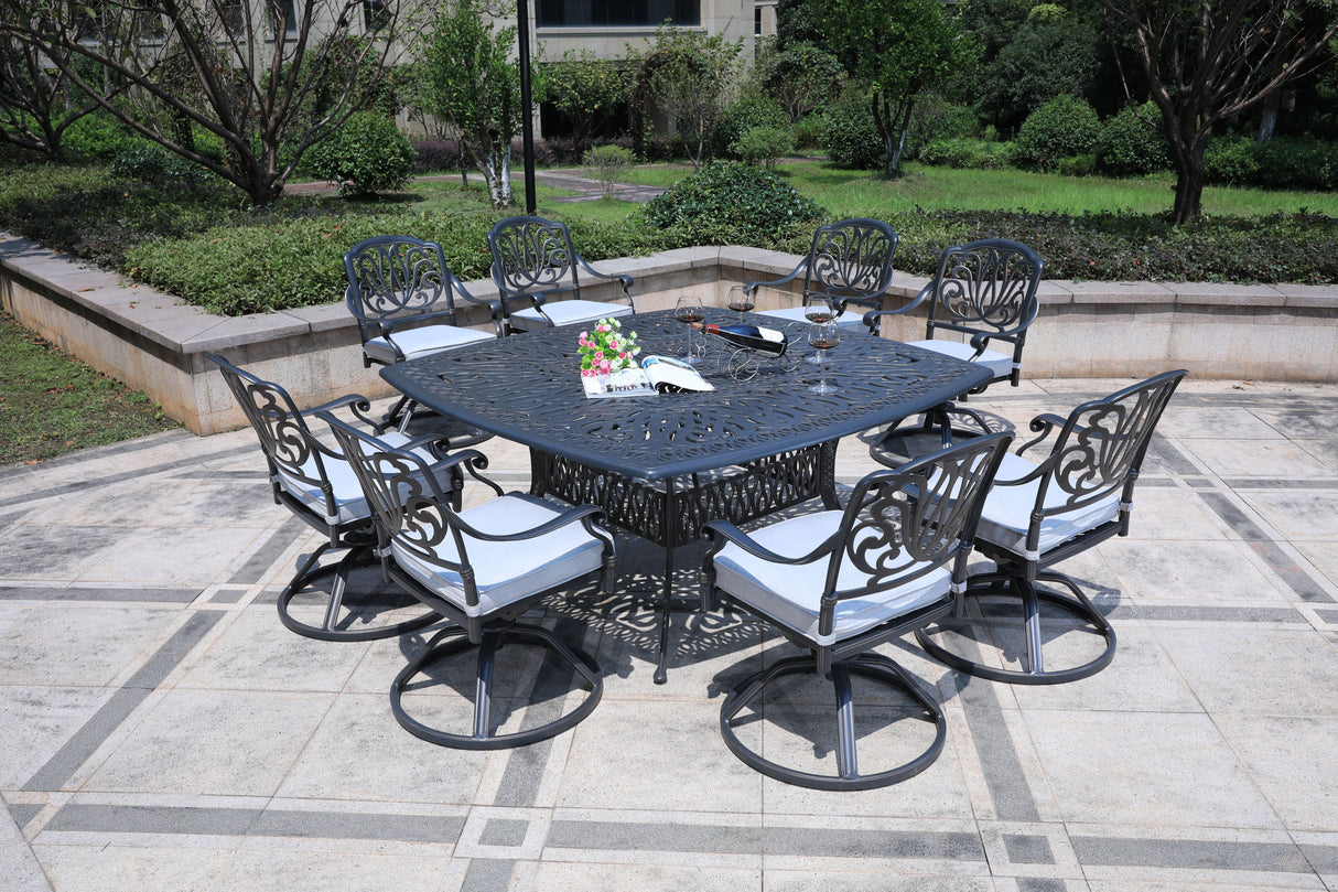 Square 8 Person 64" Long Aluminum Dining Set With Cushions by Couch.com