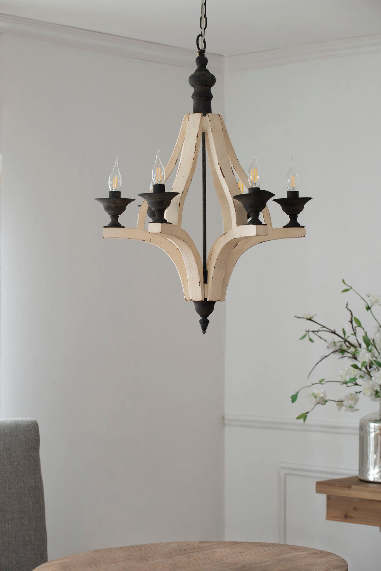 6 Light Wood Chandelier, Hanging Light Fixture With Adjustable Chain For Kitchen, Bulb Not Included - Cream by Couch.com