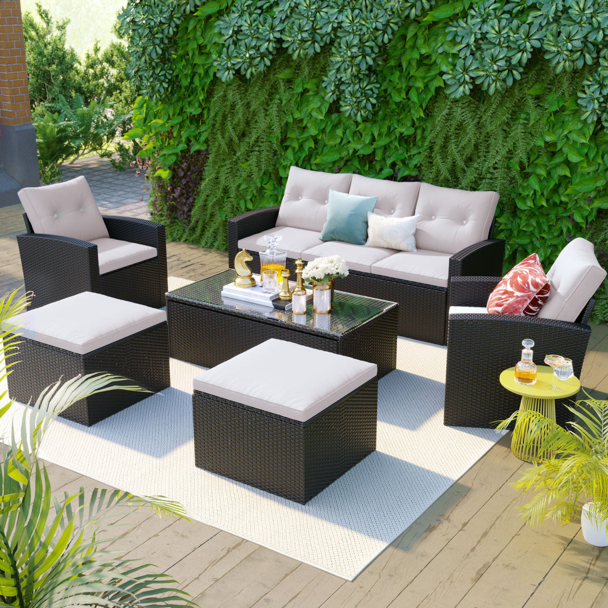 All-Weather Wicker PE Rattan Patio Outdoor Dining Conversation Sectional Set With Coffee Table, Wicker Sofas, Ottomans, Removable Cushions by Couch.com