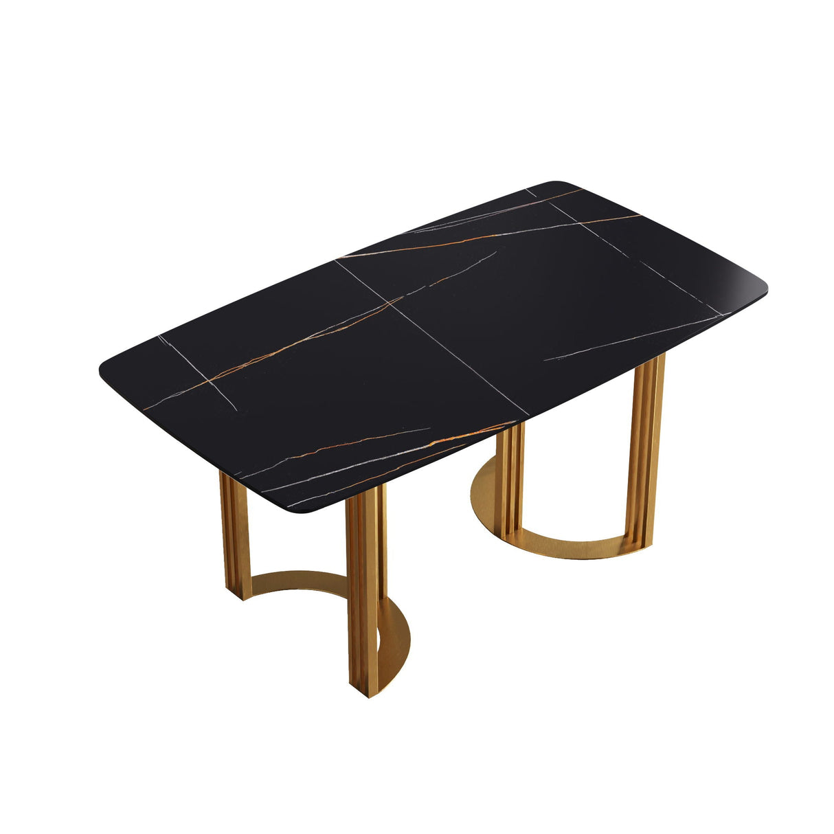 63" Modern Artificial Stone Curved Golden Metal Leg Dining Table, 6 People - Black / Gold by Couch.com