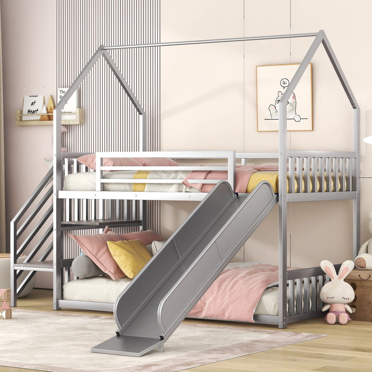 Twin Over Twin Metal Bunk Bed House Bed With Slide And Staircase by Couch.com
