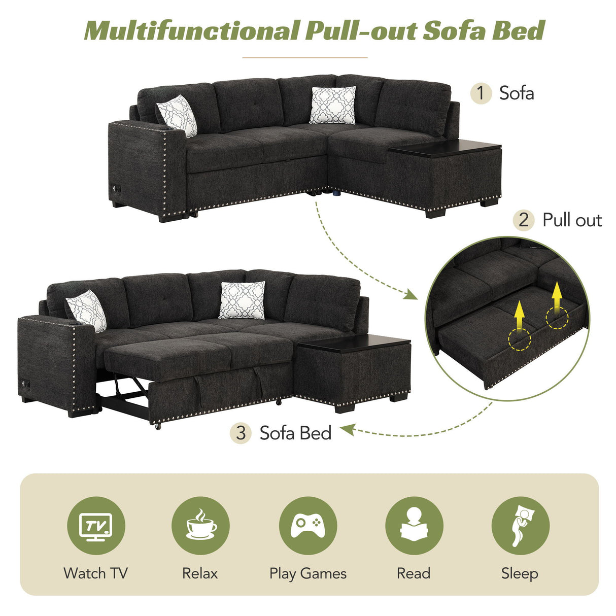 Sectional Pull-Out Sofa Bed L-Shaped Corner Sofa Couch With Storage Chaise, USB Ports, Power Sockets, Cup Holder For Living Room, Bedroom, Study by Couch.com
