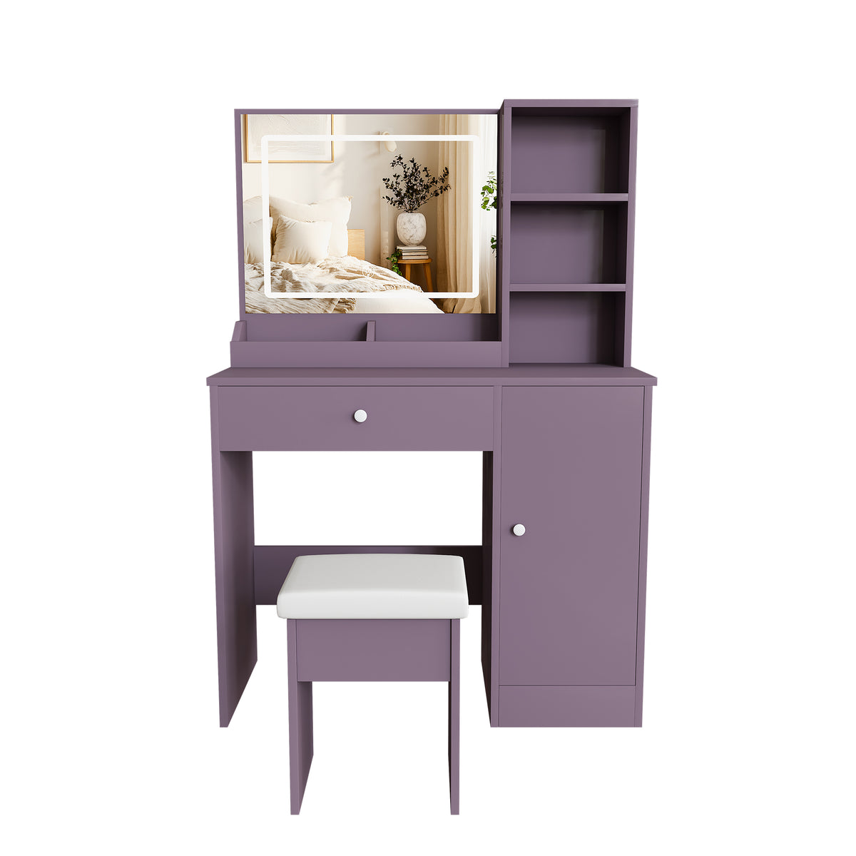 Modern Purple Vanity Desk Set with Padded Stool & Adjustable LED Mirror, 3 Color Mode Lighting, MDF Construction, Compact Design for Bedroom or Dorm