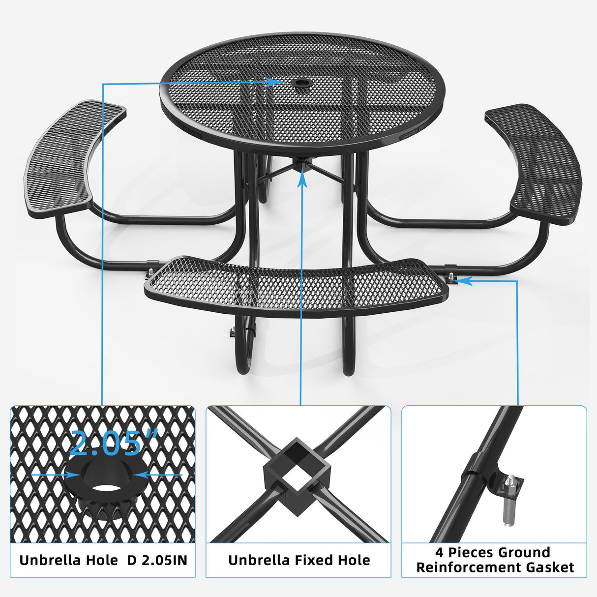 Round Outdoor Steel Picnic Table With Umbrella Pole - Black by Couch.com