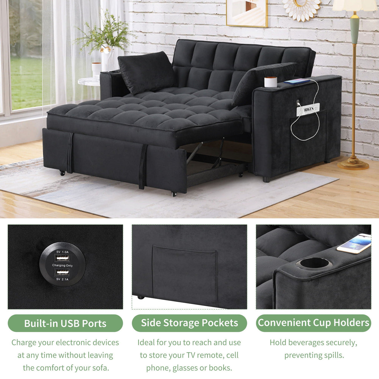 Multi Functional Sofa Bed With Cup Holder And USB Port For Living Room Or Apartments by Couch.com