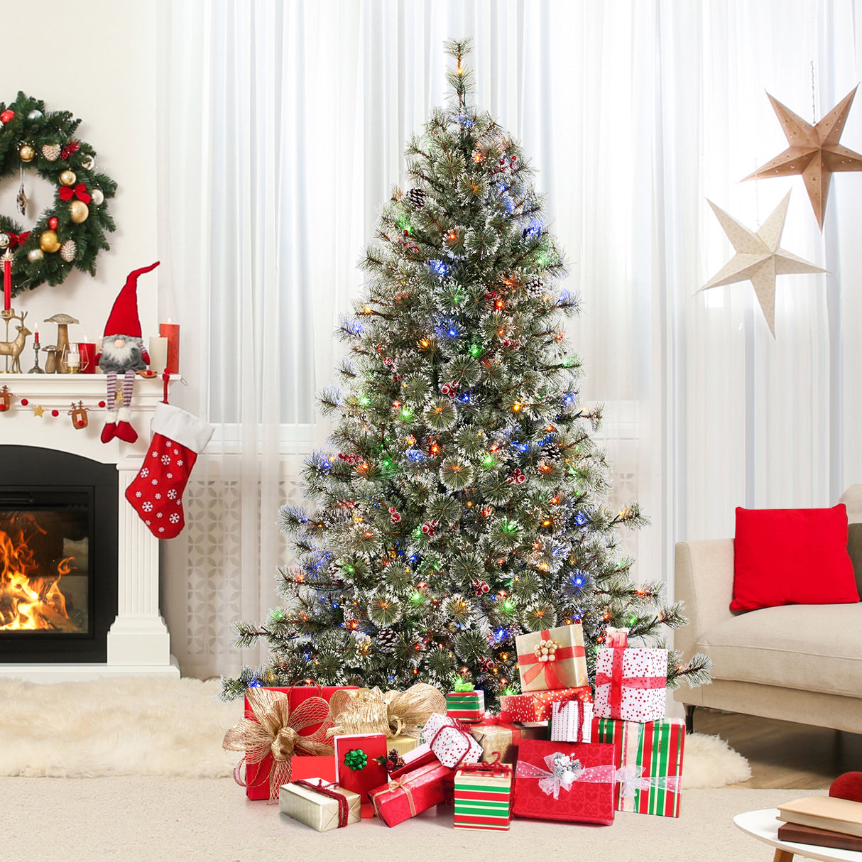 6/7.5/9 FT Artificial Christmas Tree Pre-Lit Hinged Holiday Tree with 360 ° Quick Power Connector-6 ft