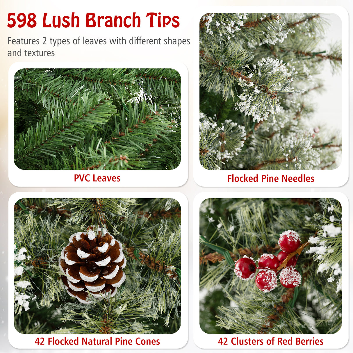 6/7.5/9 FT Artificial Christmas Tree Pre-Lit Hinged Holiday Tree with 360 ° Quick Power Connector-6 ft