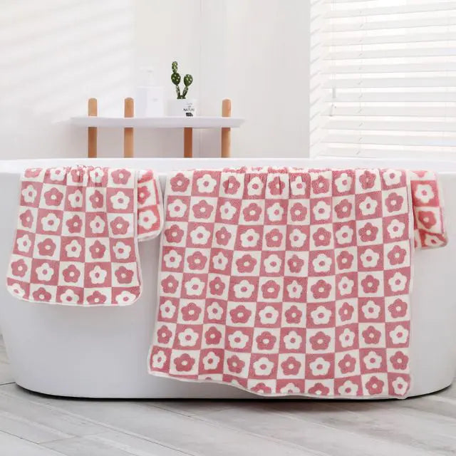 Cute Plaid Flowers Microfiber Towel Bath Towel Soft Face Towels