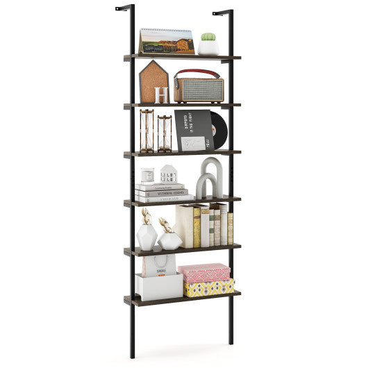 6-tier Ladder Shelf 72 Inches Industrial Wall Mounted Bookshelf-Oak