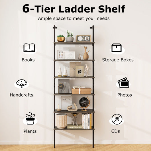 6-tier Ladder Shelf 72 Inches Industrial Wall Mounted Bookshelf-Oak