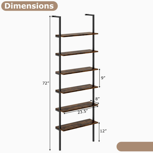 6-tier Ladder Shelf 72 Inches Industrial Wall Mounted Bookshelf-Rustic Brown