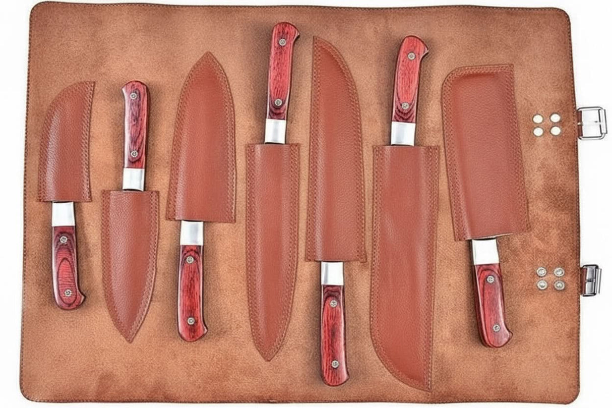 7-Piece Damascus Kitchen Knife Set — Chef, Nakiri, Bread Knife and Cleaver, Red Pakka Wood Handles