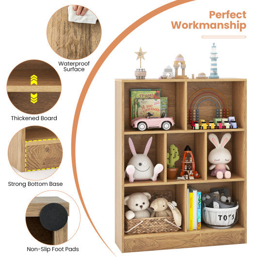 7-Section Freestanding Bookshelf for Kids Room Classroom Daycare Nursery-Natural