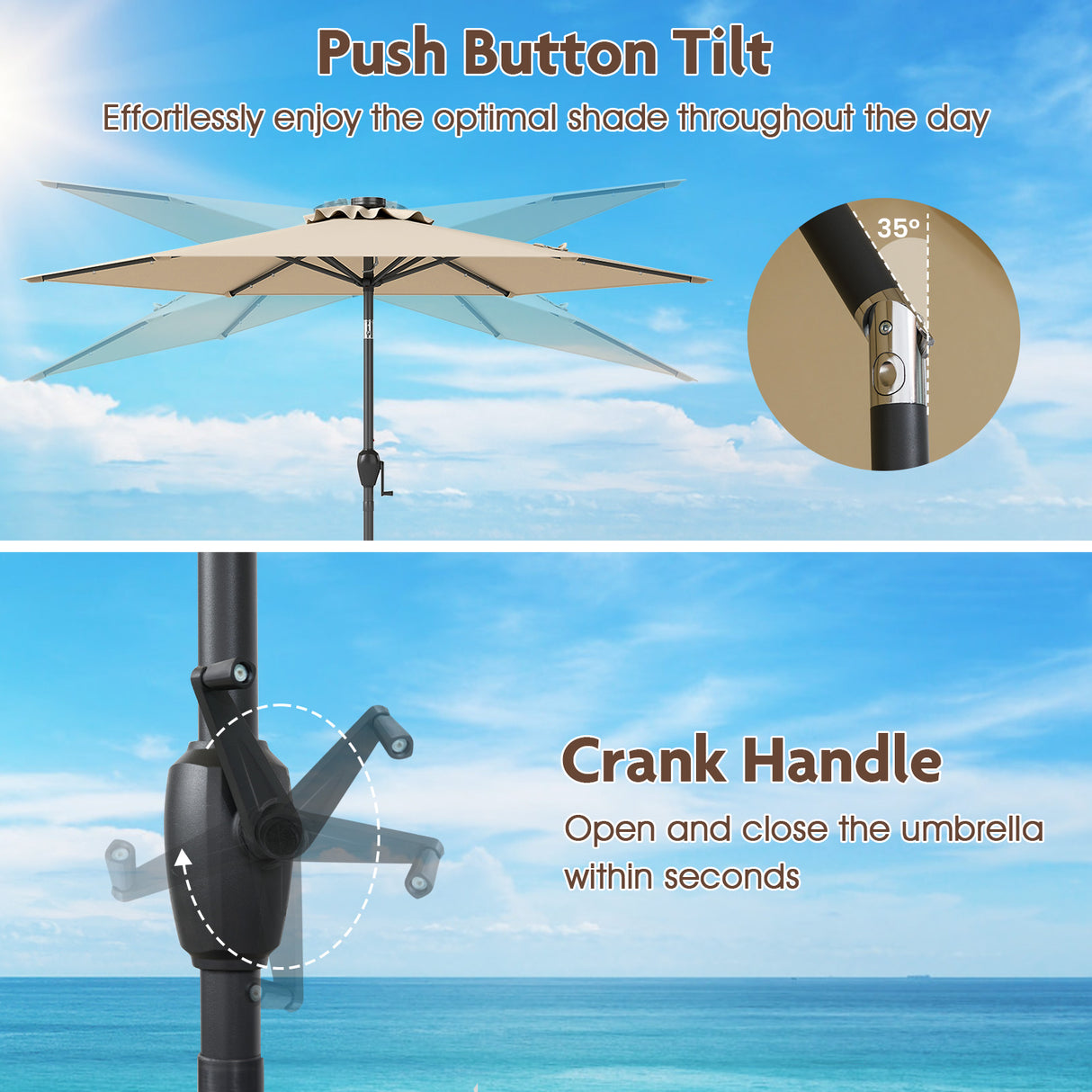 7.5 Feet Solar Powered Patio Umbrella with LED Lights and Crank Handle-Beige