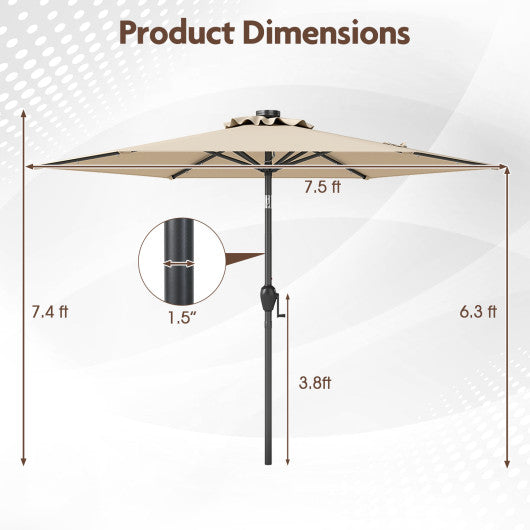 7.5 Feet Solar Powered Patio Umbrella with LED Lights and Crank Handle-Beige