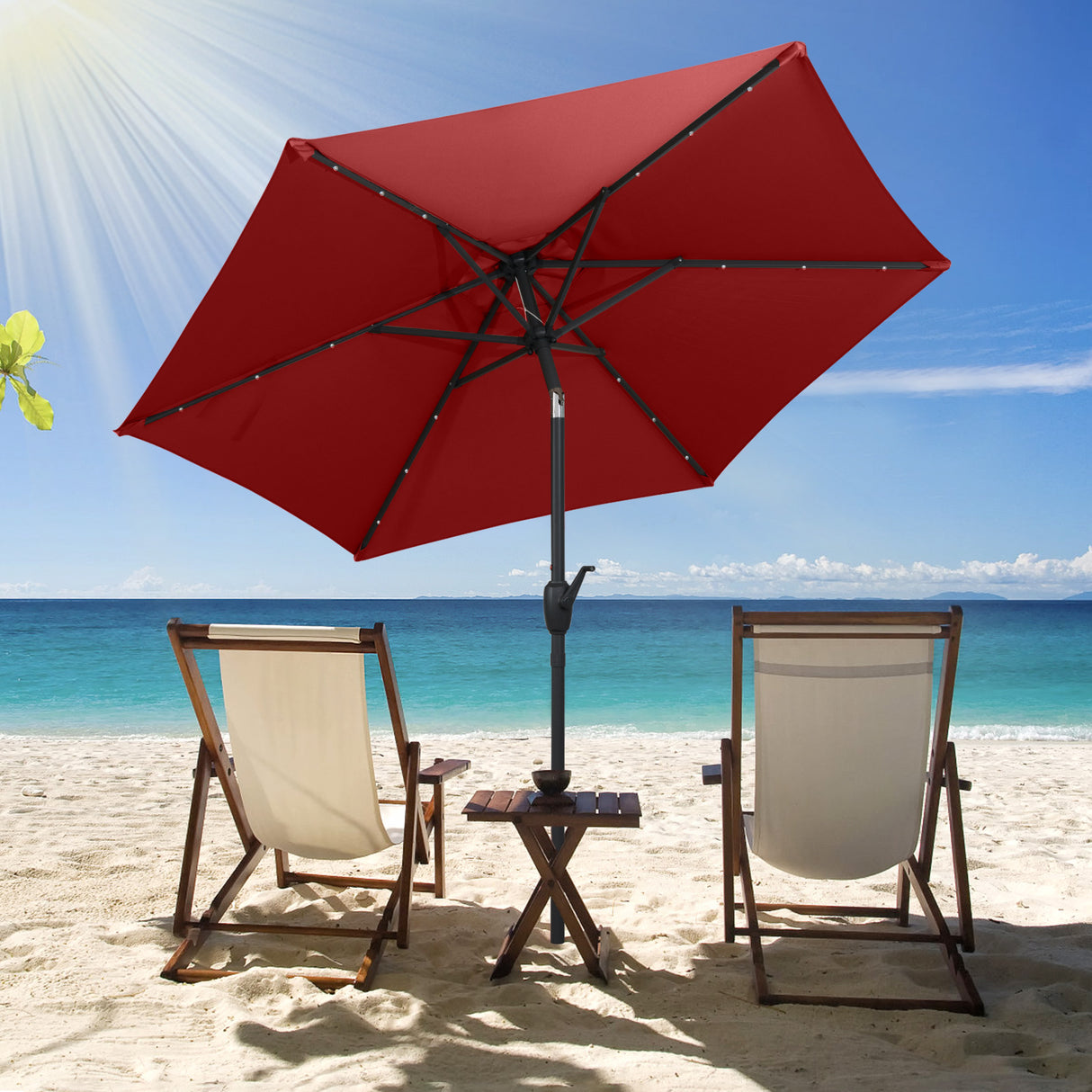 7.5 Feet Solar Powered Patio Umbrella with LED Lights and Crank Handle-Burgundy