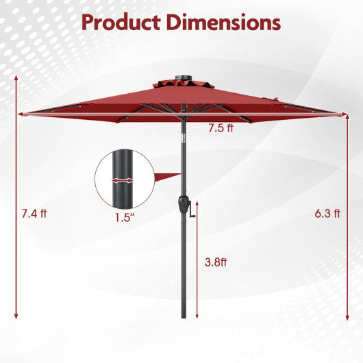 7.5 Feet Solar Powered Patio Umbrella with LED Lights and Crank Handle-Burgundy