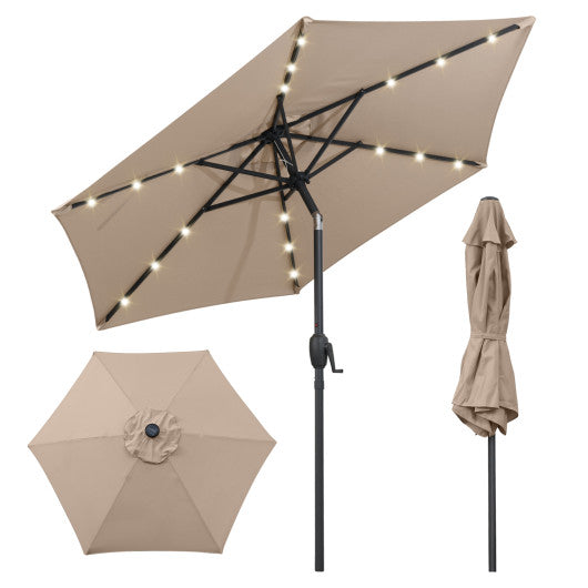7.5 Feet Solar Powered Patio Umbrella with LED Lights and Crank Handle-Tan